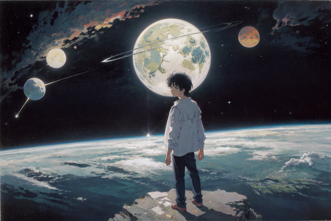 (80's anime: 1.2), (ghibli), boy standing at the edge of the world, space, horizon